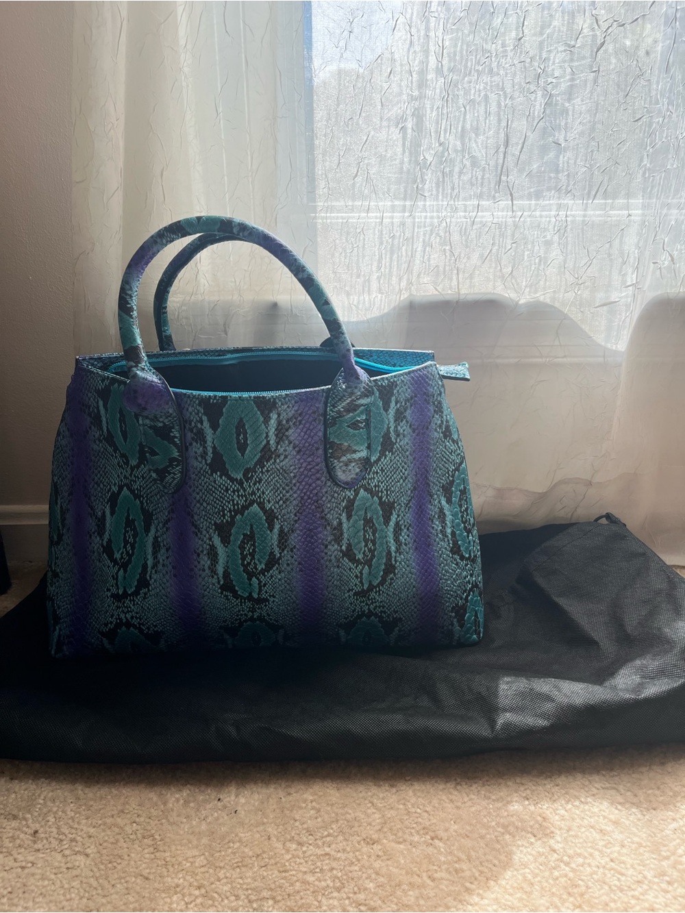 Turquoise and Purple Snake-Print Tote Bag - Picture 3 of 3